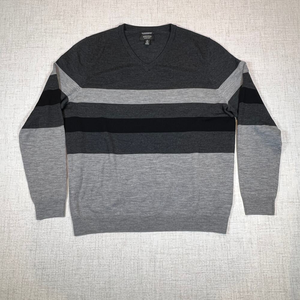 Nordstrom 100% Merino Wool Sweater Men's XL V Neck Striped‎ Extra Fine Merino